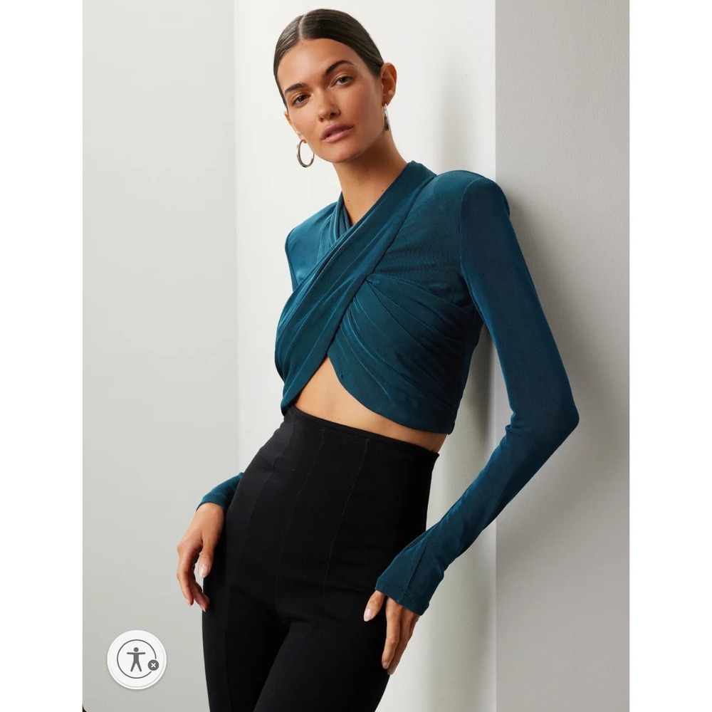 Bardot Wren Wrap Top Teal Blue Long Sleeve Cropped Ruched Criss Cross Sz S - Picture 2 of 11